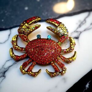 RED AND GOLD RHINESTONE CRAB BROOCH WOMAN FASHION PIN‎ CUTE GIFT 2.6”